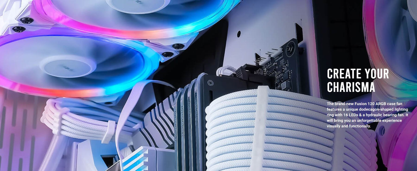 Antec Fusion 5x 120mm ARGB PWM HB white Fans + ARGB Controller, 57.93 CFM, AP 2.11, Noise Level 31.21. Woven Cable, PMW Daisy Chain design(LS), Fusion 120 ARGB W_5PK