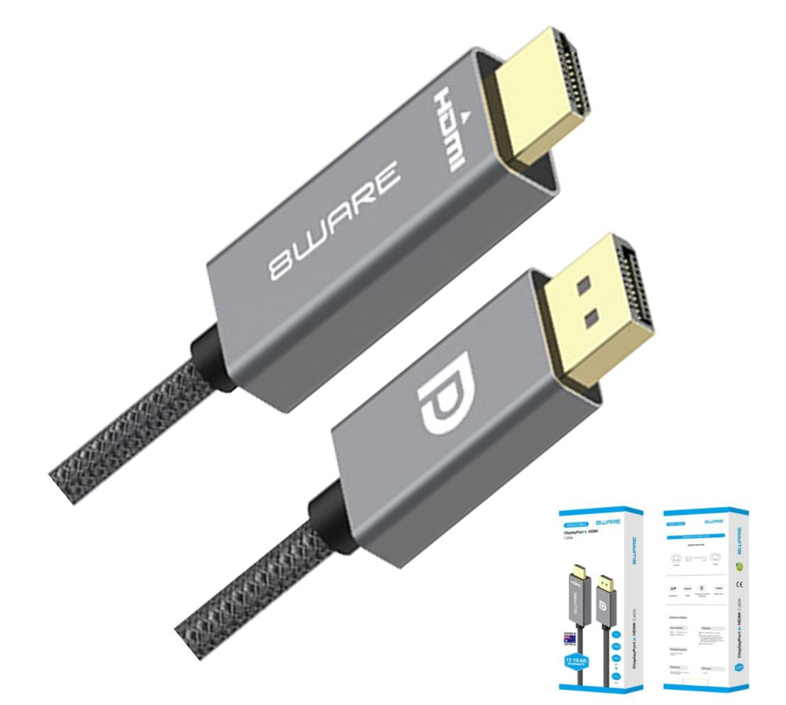 8ware 2m DisplayPort DP to HDMI 1.4v Male to Male Adapter Converter Cable Retail Pack 1080P Nylon Braide for Video Card PC Notebook to Monitor Project, 8W-DPHDMI-2M