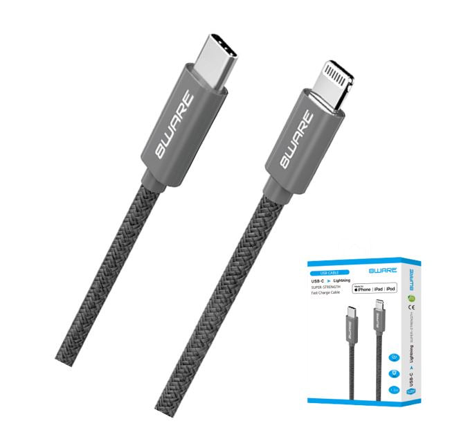 8ware 1.5m Super Ultra USB-C to Lightning Cable Super Fast charging Strength Aluminium flexible nylon Apple iPone iPad iPod Mac Retail Pack, 8W-USBCLIGHNING
