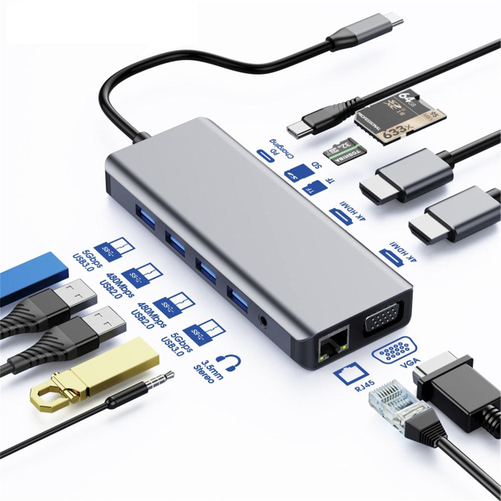 Astrotek USB-C Dock 12-in-1 Multiport Hub/Docking Station with 100W Power 2xHDMI 4K VGA GLAN 2xUSB3.0 2xUSB2.0 Card Reader for HP Lenovo Asus MacBook, AT-USBCDOCK12