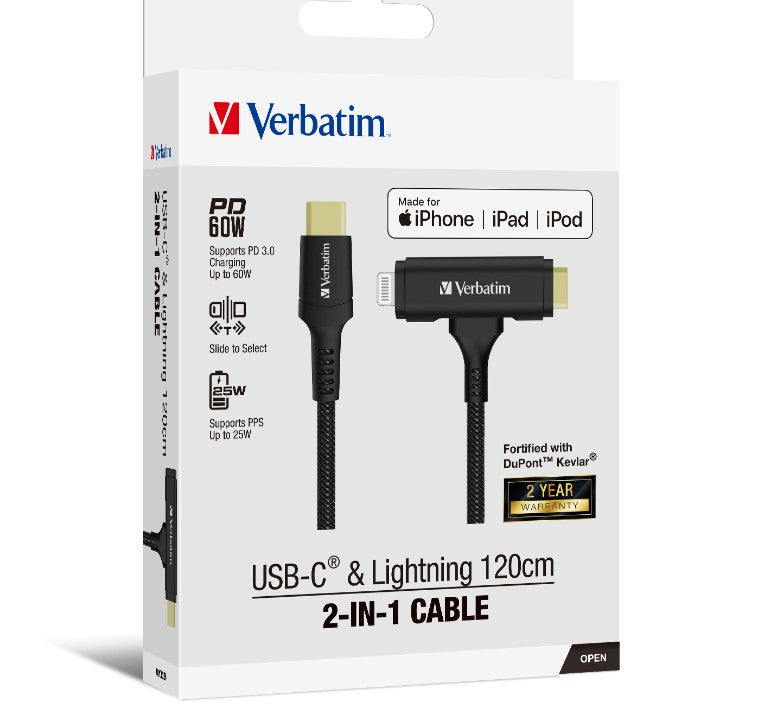 Verbatim 2-in-1 Cable Type C to C & Lightning Kevlar Slide 120cm -BLK, 66974