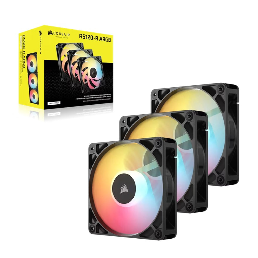 Corsair RS120-R ARGB 120mm PWM Reverse Fans Triple Pack - Black, 3x RGB Fans, 2100 RPM, 65.82 CFM, Static Pressure, Magnetic Dome Bearing, PWM Control, CO-9050196-WW