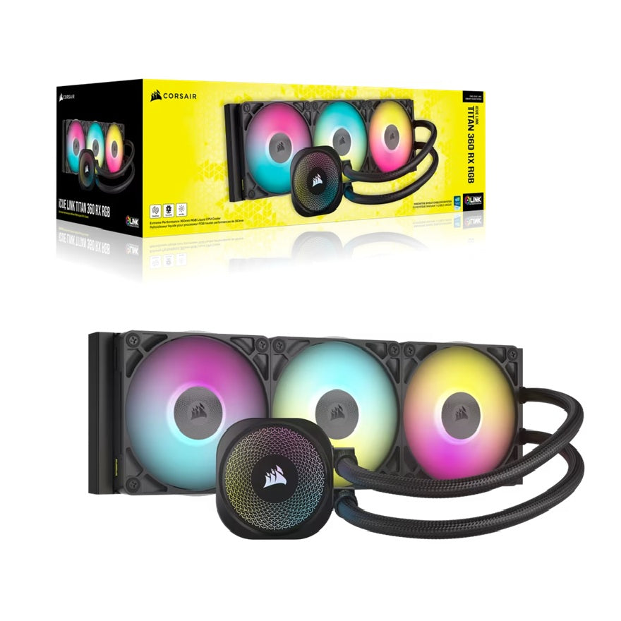 Corsair iCUE LINK TITAN 360 RX RGB AIO Liquid CPU Cooler - Black, 73.5 CFM, 2100 RPM, Aluminum Radiator, Copper Cold Plate, Intel/AMD Support, CW-9061018-WW