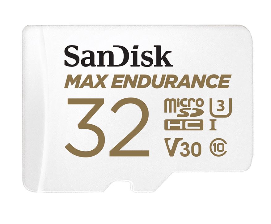 SanDisk Max Endurance 32GB microSD 100MB/s 40MB/s 20K hrs 4K UHD C10 U3 V30 -40°C to 85°C Heat Freeze Shock Temperature Water X-ray Proof SD Adapter, SDSQQVR-032G-GN6IA