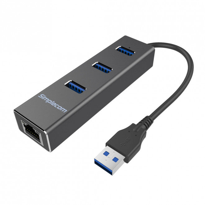 Simplecom CHN410 Black Aluminium 3 Port USB 3.0 HUB with Gigabit Ethernet Adapter 1000Mbps for PC MAC (LS), CHN410-BLACK