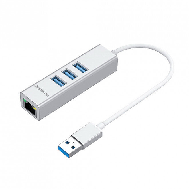 Simplecom CHN420 Silver Aluminium 3 Port SuperSpeed USB HUB with Gigabit Ethernet Adapter, CHN420-SILVER