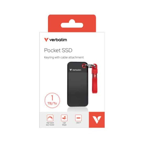Verbatim 1TB Pocket SSD USB 3.2 Gen 2 1TB Black Red Convenient Keyring cable holder. Compact, Rugged. Ultra Lightweight Performance 58g Portable B, 32192