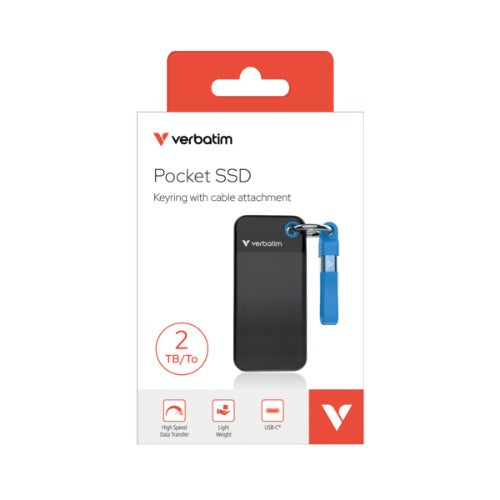 Verbatim Pocket SSD USB 3.2 Gen 2 2TB Black/Blue, Convenient keyring and cable holder keeps your cable neat and tangle-free Verbatim Pocke, 32195