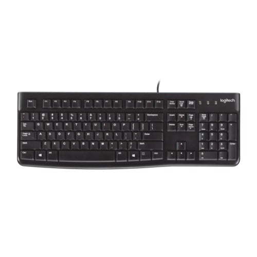 Logitech K120 Wired Keyboard Quiet typing Spill-resistant Durable keys Thin profile Curved space bar Adjustable tilt legs, 920-002582