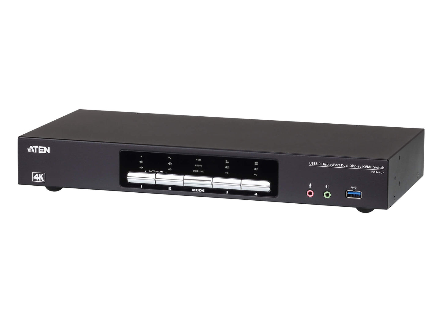 Aten Desktop KVMP Switch 4 Port Dual Display 4k DisplayPort w/ audio, Cables Included, 2x USB Port, Selection Via Front Panel, CS1944DP-AT-U