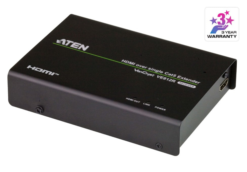 Aten HDMI HDBaseT Receiver, supports up to 4096 x 2160 @ 30 Hz (4:4:4) @ 70m (Cat 5e/6) and 100m (Cat 6A), VE812R-AT-U