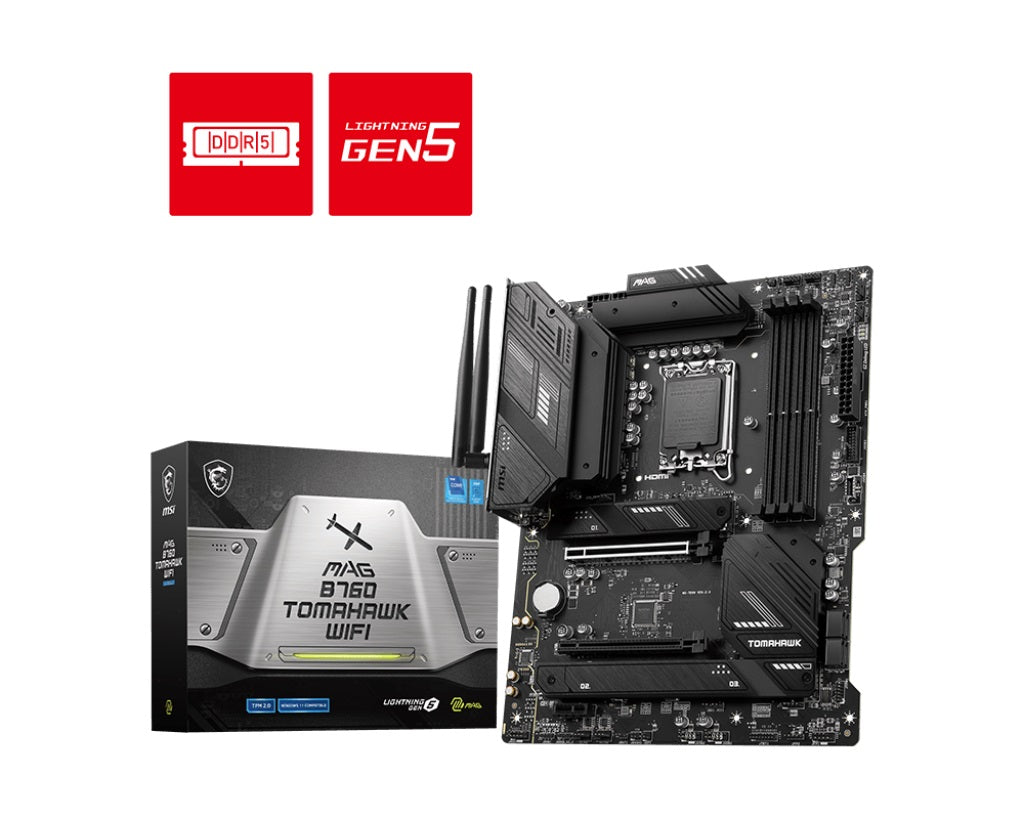 MSI MAG B760 TOMAHAWK WIFI ATX Motherboard, 4x DDR5~192GB, 2x PCI-E x 16, 1x PCI-E x 1, 3x M.2, 4x SATA, 4x USB 3.2 , 4x USB 2.0, 1x USB Type C