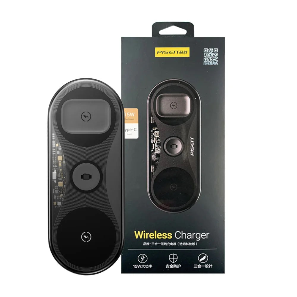 Pisen 3-in-1 Wireless Charging Station - Black, Supports Qi-2 Outputs (15W) , Supports Universal Type-C, Multi-Protection System, 2 Years Warranty
