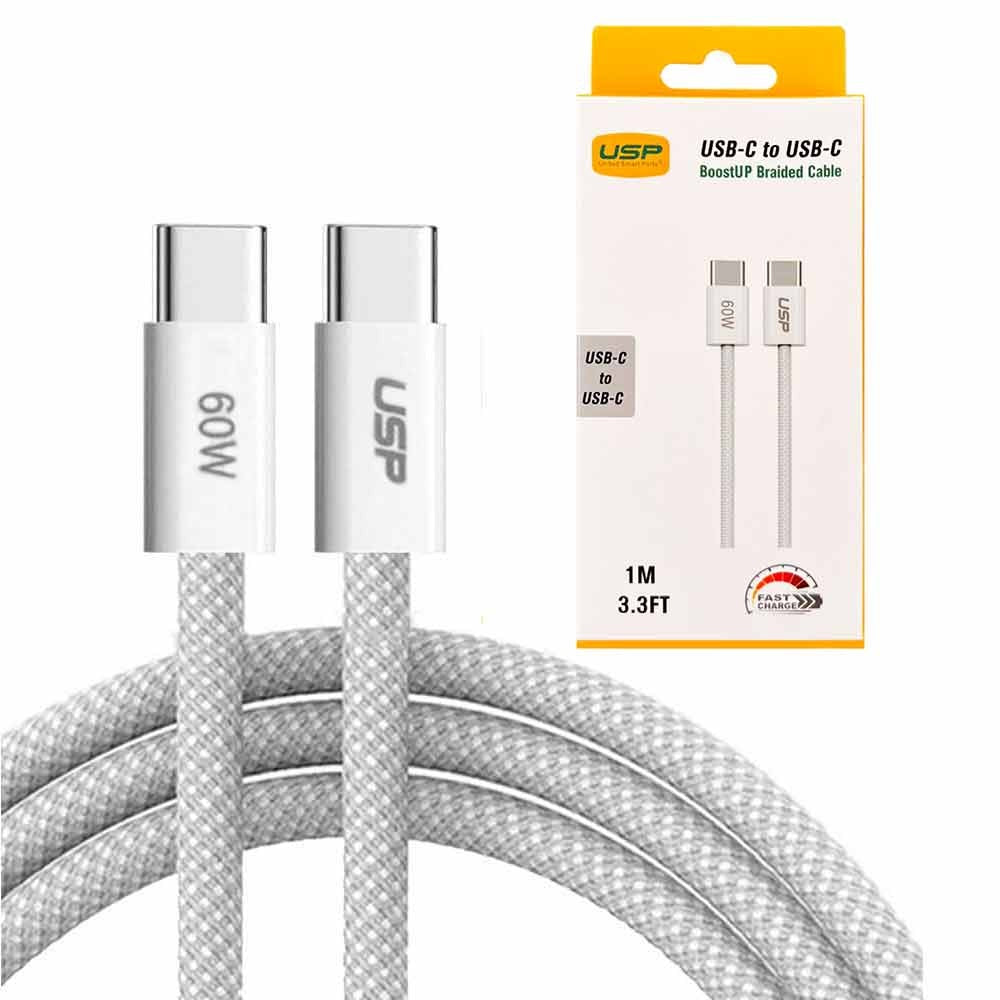 USP BoostUp Braided USB-C to USB-C Cable (1M) - White, 3A/60W, 480Mbps, 40K+ Bends, Solid & Durable, Apple iPhone, Samsung Galaxy, 2 Years Warranty