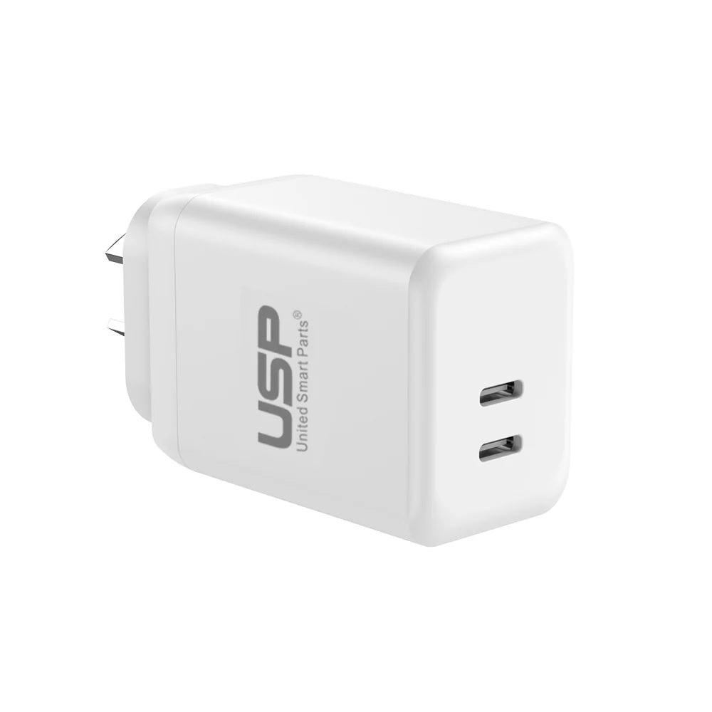 USP 45W Dual Port USB-C PD GaN Fast Wall Charger - White, Charge Two Device Simultaneously,Compact and Lightweight, 2 Years Warranty
