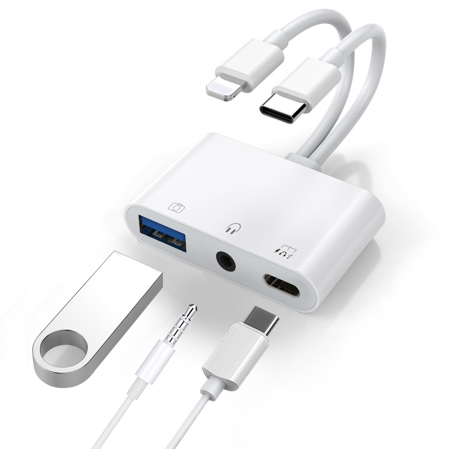 USP Lightning/USB-C to USB Adapter features a USB OTG Port, 3.5mm Headphone Jack & Fast-charging Port, 2 Years Warranty