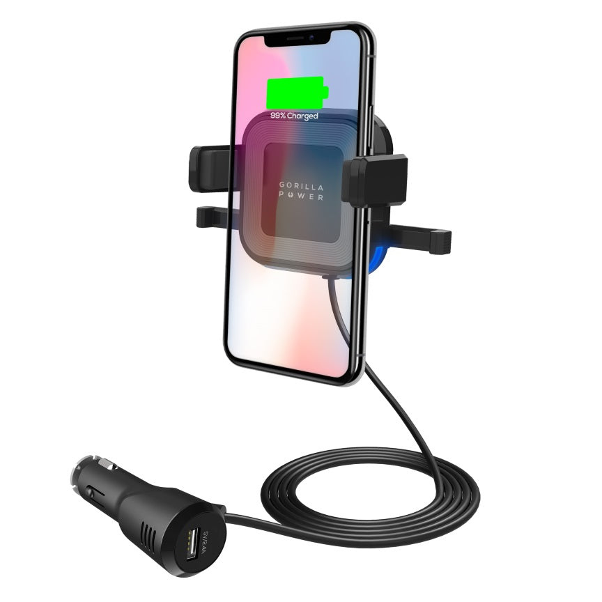 (LS) mbeat® Gorilla Power 10W Wireless Car Charger with 2.4A USB Charging, Air Vent Clip & Windshield Stand Black Package