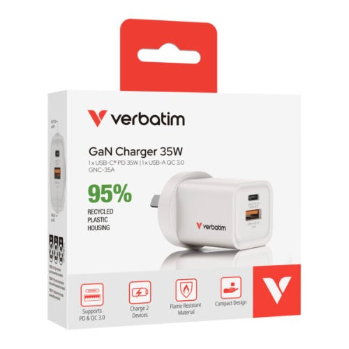 Verbatim 2 Port 35 Watt Portable GaN charger, 1 x USB-C PD 35w, 1x USB-A QC 3.0, Compact Design Apple, Android, Samsung, Google, Huawei, Oppo, 67015