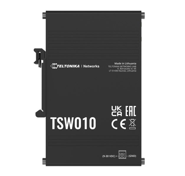 Teltonika TSW010 DIN Rail Ethernet Switch, 5x Ethernet Ports with speeds of up to 100 Mbps, Integrated DIN Rail Bracket, Plug and Play, PSU excluded, TSW010000000