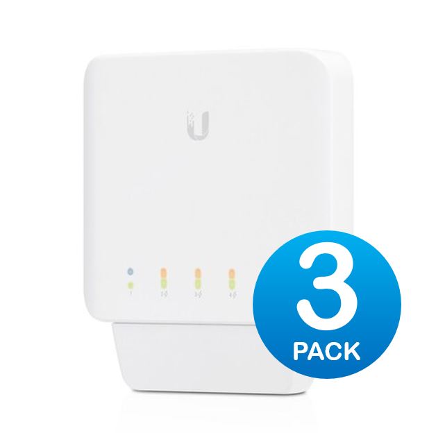 Ubiquiti USW Flex 3 Pack- Managed, Layer 2 Gigabit switch with auto-sensing 802.3af PoE support. 1x PoE In, 4x PoE Out,, USW-Flex-3