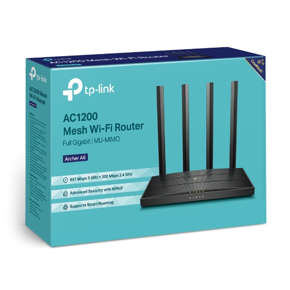 TP-Link Archer A6 AC1200 Wireless MU-MIMO Gigabit Router (OneMesh) Dual-Band Wi-Fi - 867 Mbps at 5 GHz and 300 Mbps at 2.4 GHz band