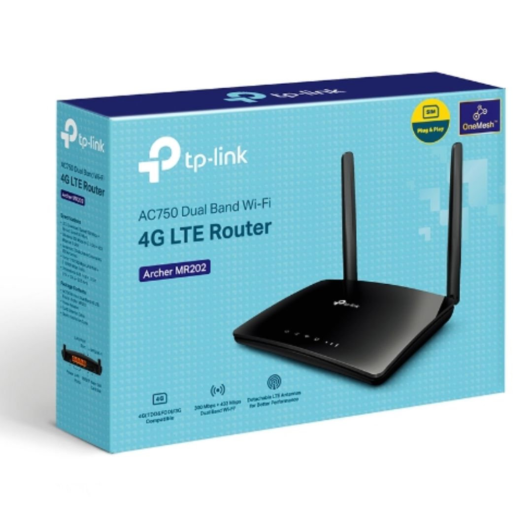 TP-Link Archer MR202 AC750 Wireless Dual Band 4G LTE Router 574Mbps @2.4GHz + 2402Mbps @5GHz + 2402Mbps @6GHz. 2x External SMA-F Antenna IntF