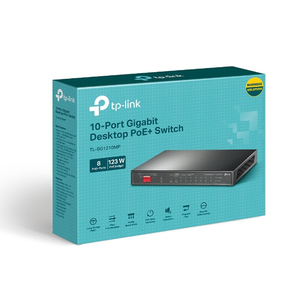 TP-Link TL-SG1210MP 10-Port Gigabit Desktop Switch with 8-Port PoE+PORT: 8x Gigabit PoE+ Ports, 2x Gigabit Non-PoE Ports, 1x Combo Gigabit SFP SlotS