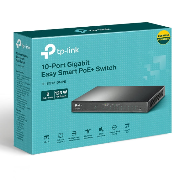 TP-Link TL-SG1210MPE 10-Port Gigabit Easy Smart Switch with 8-Port PoE+PORT: 8x Gigabit PoE+ Ports, 2x Gigabit Non-PoE Ports, 1x Combo Gigabit SFP S