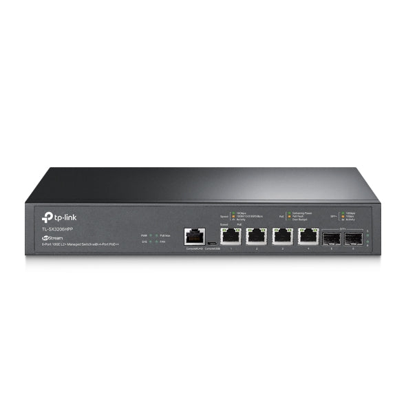 TP-Link SX3206HPP Omada JetStream 6-Port 10GE L2+ Managed Switch with 4-Port PoE++, 4x 10G PoE++ Ports, 2x 10G SFP+ Slots, RJ45/Micro-USB Console Port