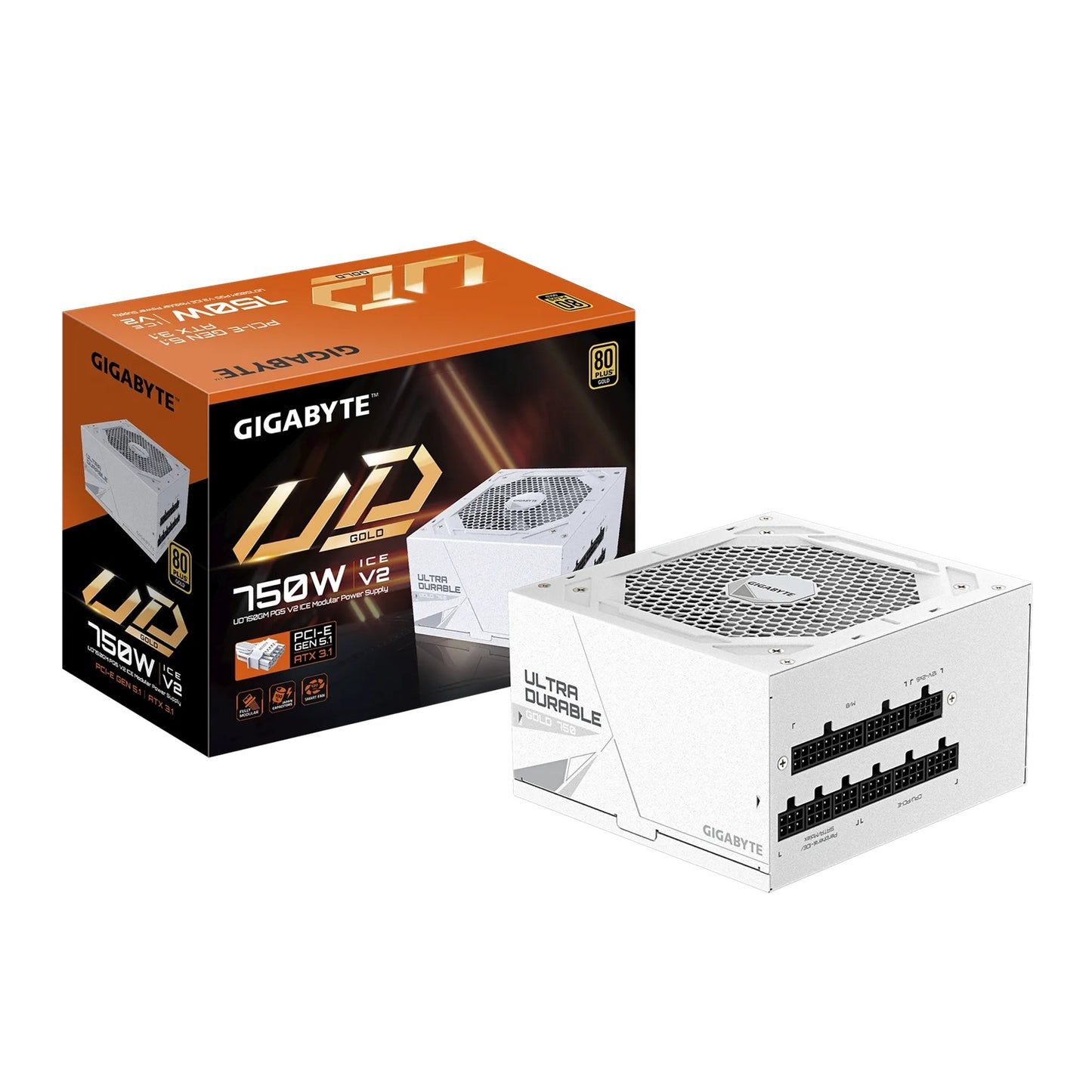 Gigabyte (LS) Gigabyte UD750GM ICE PG5 750W ATX PSU Power Supply 80+ Gold >90% Black Flat Cables Single +12V Rail Japanese >100K Hrs (NEW), GP-UD750GM PG5 ICE
