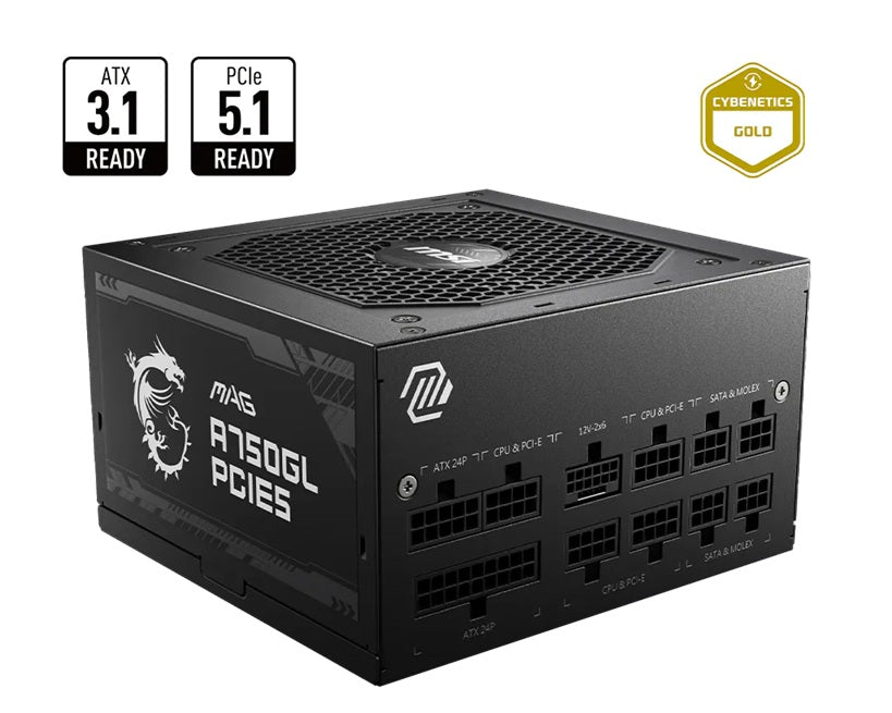 MSI MAG A750GL PCIE5 II Bulk - 750W ATX 3.1, 80+ Gold, full modular, PCIe 5.0 16-pin, 3x PCIe 6+2, 8x SATA, FDB fan, OCP/OVP/OPP/OTP/SCP/UVP, 120mm