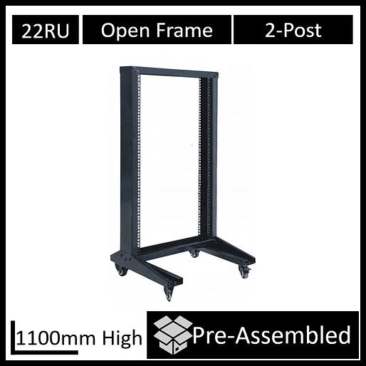 LDR Flat Packed 22U 2-Post Open Frame Rack, Black Metal Construction, WB-OR-B6622