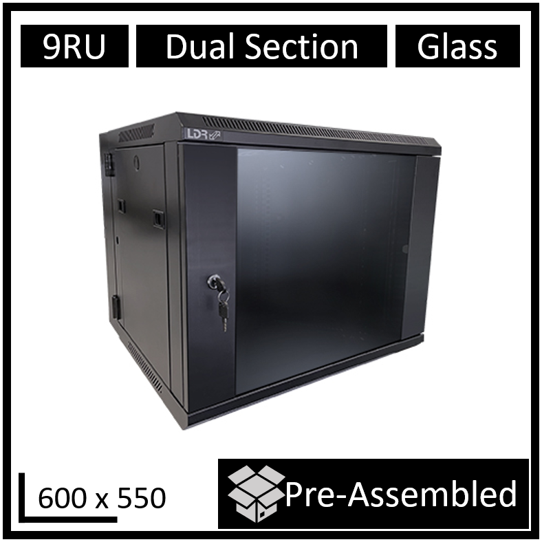 LDR Assembled 9U Hinged Wall Mount Cabinet (600mm x 550mm) Glass Door - Black Metal Construction - Top Fan Vents - Side Access Panels, WB-DS65090NB