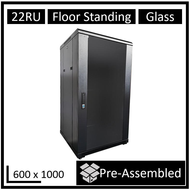 LDR Assembled 22U Server Rack Cabinet (L600mm x W1000mm x H1070mm), Glass Door,1x 8-Port PDU, 1x 4-Way Fan, 2x Fixed Shelves -Black Metal Construction, WB-NC602215B