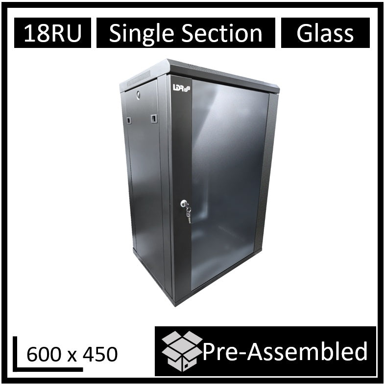 LDR Assembled 18U Wall Mount Cabinet (600mm x 450mm) Glass Door - Black Metal Construction - Top Fan Vents - Side Access Panels, WB-SS64180NB