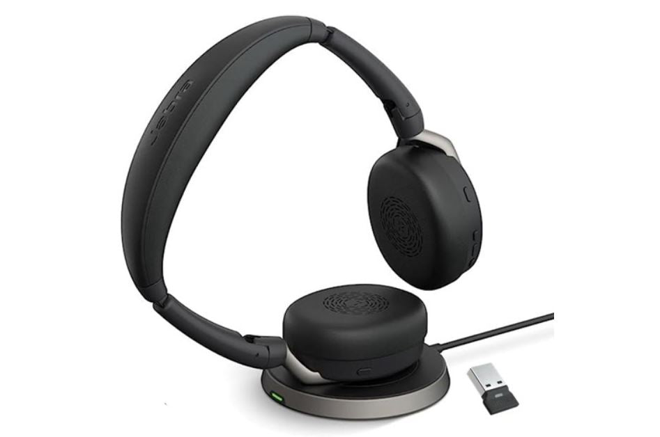 Jabra Evolve2 65 Flex MS Stereo Bluetooth Headset, Link380a USB-A Dongle & Wireless Charging Stand Foldable Design, 2Yr Warranty, 30m Wireless Range, 26699-999-989