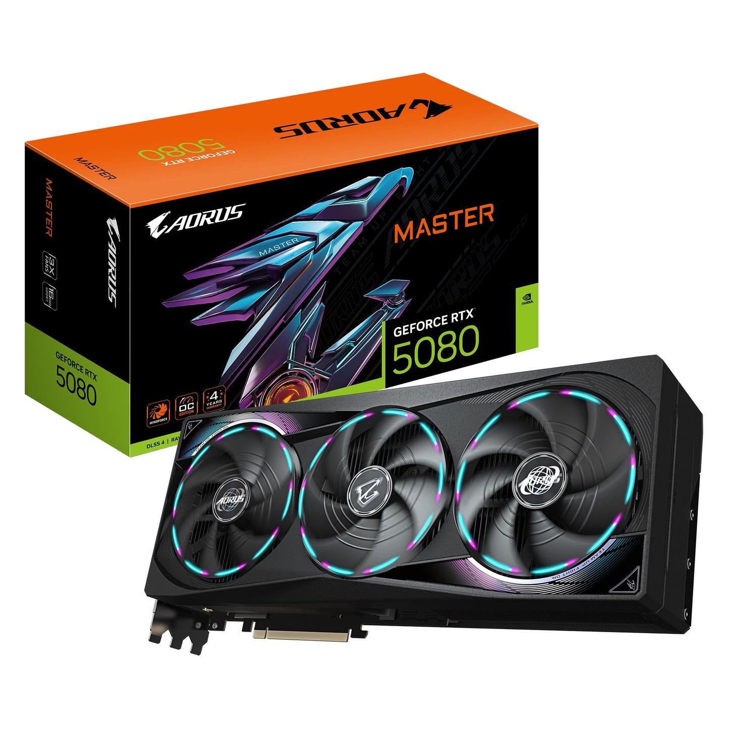 Gigabyte AORUS GeForce RTX 5080 MASTER 16G, 2805 MHz, CUDA 10752, 30 Gbps, GDDR7, 256 bit, PCI-E 5.0, PSU 850W, DisplayPort 2.1b x3 HDMI 2.1b x1, GV-N5080AORUS M-16GD