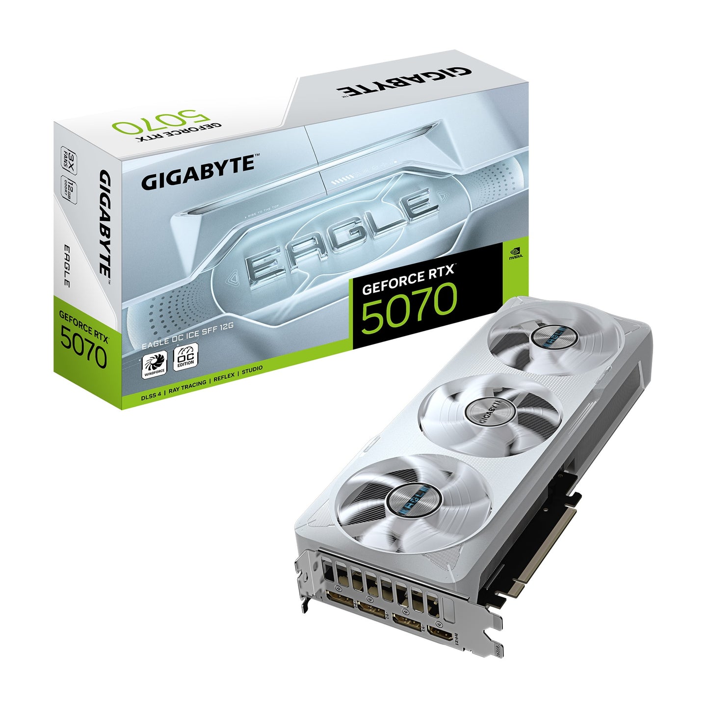 Gigabyte GeForce RTX 5070 EAGLE OC ICE SFF 12G, 2587 MHz, CUDA 6144, 28 Gbps, GDDR7, 192 bit, PCI-E 5.0, ATX, PSU 750W, DisplayPort 2.1b HDMI 2.1b *1, GV-N5070EAGLEOC ICE-12GD