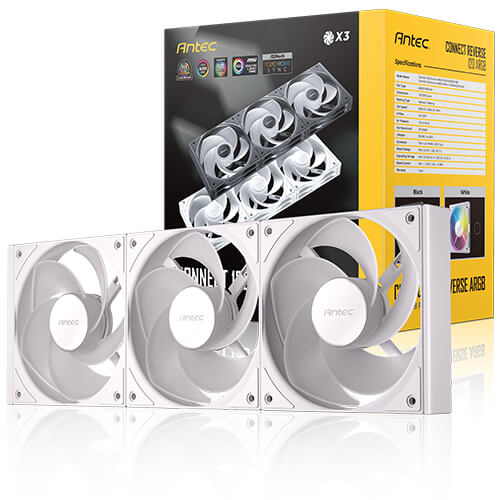 Antec Connect C120R Reverse White ARGB 3PK Performance 120mm PWM Fan: 4-pin PWM | LED: 3-pin Vibration Absorbing and Anti-Noise Pads case fan, C120R-ARGB-White-3PK