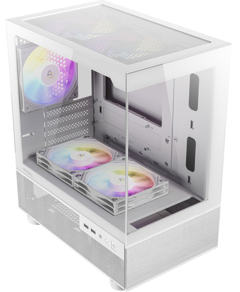 Antec CX200M RGB Elite, mATX, 270 degrees view, USB 3.0 x 2, Audio I/O Bottom. Mesh front and bottom. Clear Glass View, 5x RGB Fans. White Gaming Case, CX200M Elite White