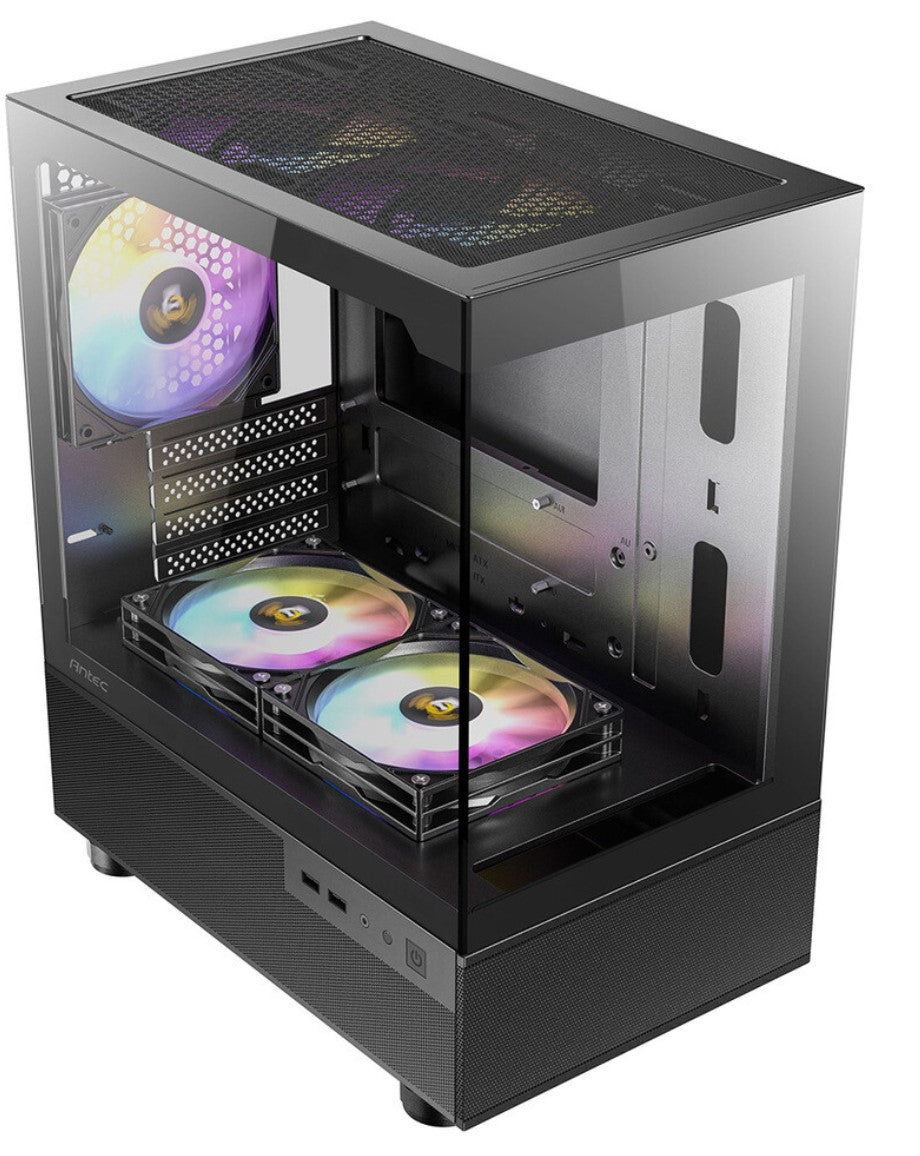 Antec CX200M RGB Elite, mATX, 270 degrees view, USB 3.0 x 2, Audio I/O Bottom. Mesh front and bottom. Clear Glass View, 5x RGB Fans. Gaming Case, CX200M Elite Black