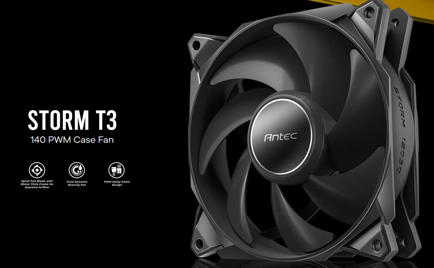 Antec Storm 140mm T3 PWM FDB 3 pack, High Airflow 112 CFM, Air Pressure 2.7, Noise Level 33.69 Woven Cable, PMW Daisy Chain design Fan, 3 Yrs Warranty, Storm T3 140_3pks