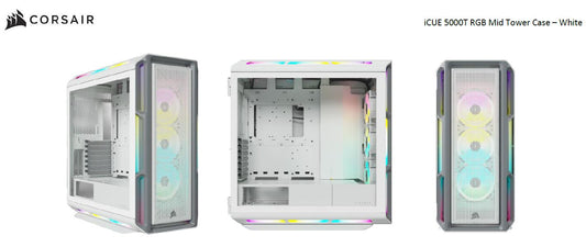 Corsair iCUE 5000T RGB ATX Mid-Tower Case, USB Type-C, 160 RGB LED, Rapid Route, Maximum Cooling, Tool Free Hinged Side Panels, White (LS), CC-9011231-WW