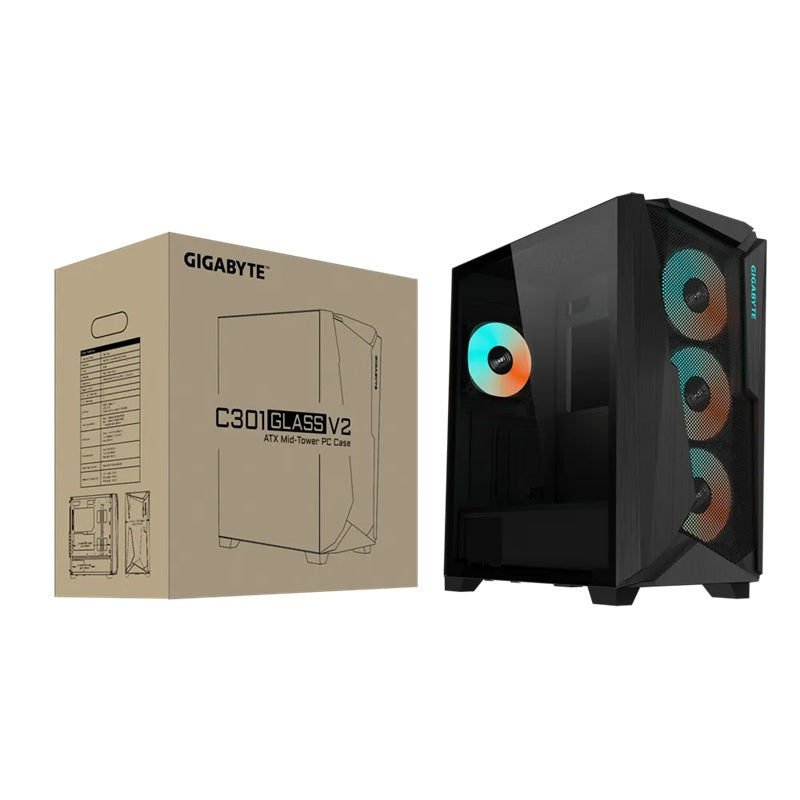 Gigabyte (LS) Gigabyte C301V2 RGB Tempered Glass E-ATX Black Mid Tower Gaming Chassis 2x3.5' 2x2.5' 2xUSB3.0 Detachable Dust Filter Liquid Cooling PSU ATX, GB-C301G V2