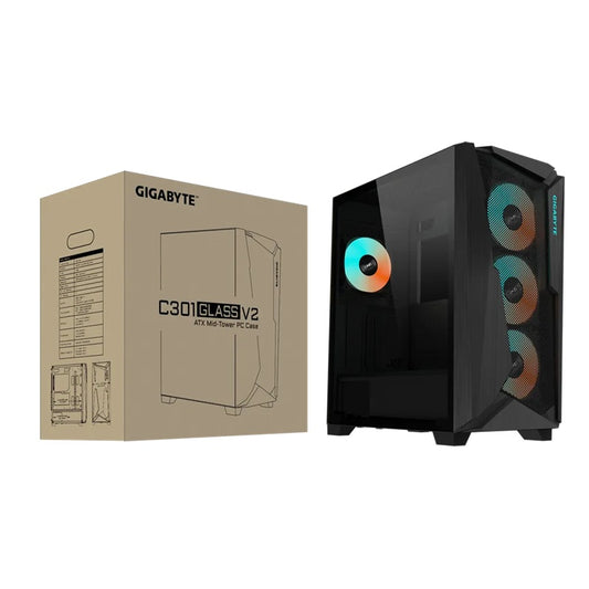 Gigabyte (LS) Gigabyte C301V2 RGB Tempered Glass E-ATX Black Mid Tower Gaming Chassis 2x3.5' 2x2.5' 2xUSB3.0 Detachable Dust Filter Liquid Cooling PSU ATX, GB-C301G V2