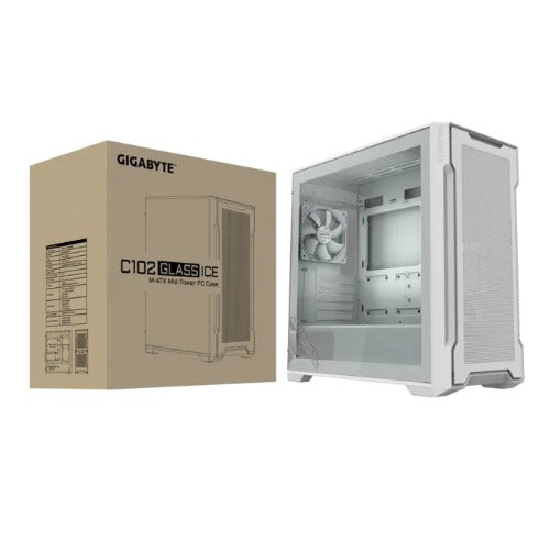 GIGABYTE C102 GLASS ICE Mid Tower case, 450x 210x 450 mm, White, 5 Expansion slots, 2x 3.5' Drive Support, 2 + 1 x 2.5' Drive Support, USB 3.0 x2, GB-C102GI