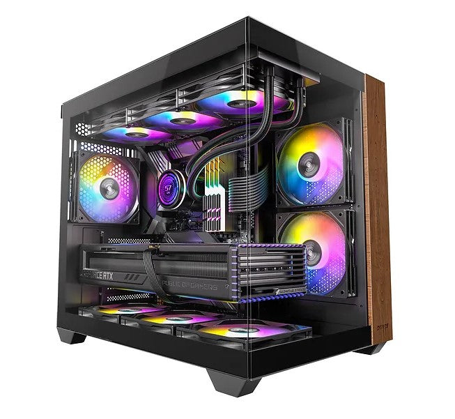 OKINOS M6 ARGB ATX Genuine Walnut Wood, Panoramic View, Type-C, 4 x120mm ARGB & PWM Fans included,Tempered Glass Side Panel, Black, Case, CAO-M6ARGB