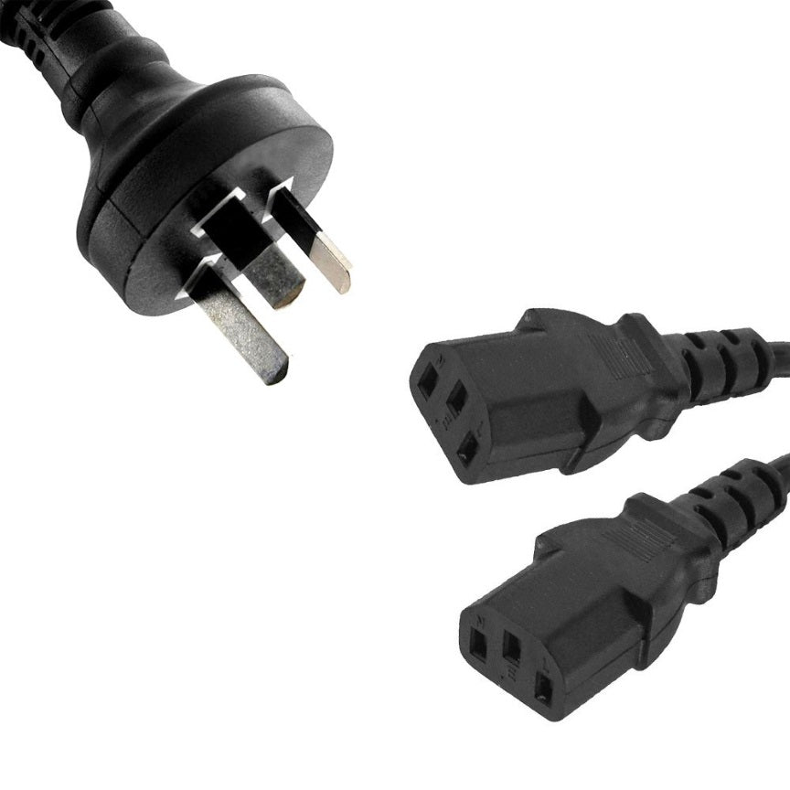 8ware 1m 10amp Y Split Power Cable with AU/NZ 3-pin Male Plug 2xIEC F C13 Socket & Cord for PC & Monitor to Wall Power Socket ~CBPOWERY, RC-3085AU-010