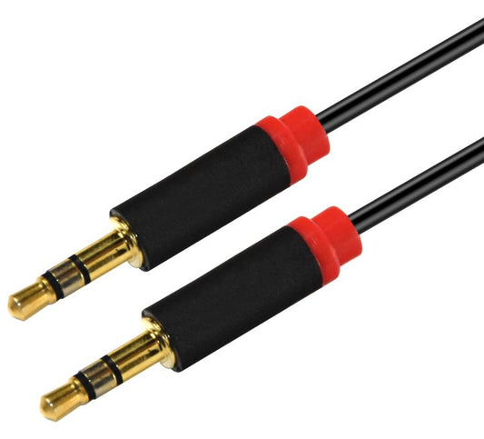 Astrotek 1m Stereo 3.5mm Flat Cable Male to Male Black with Red Mold - Audio Input Extension Auxiliary Car Cord, AT-3.5MMAUX-1