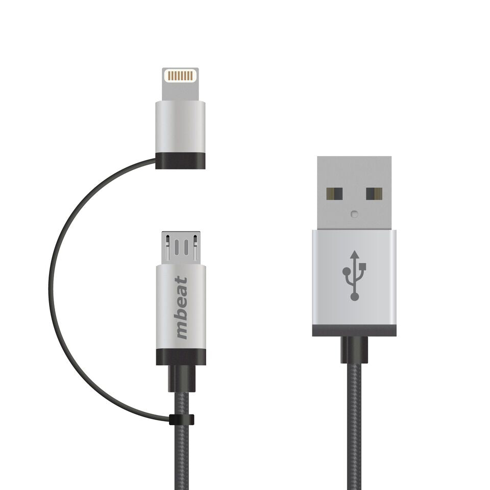 MBEAT (LS) mbeat 1m Lightning and Micro USB Data Cable - 2-in-1/Aluminmum Shell Crush-Proof/Nylon Braided/Silver/ Apple/Andriod Tablet Mobile Device, ICAB21-1S